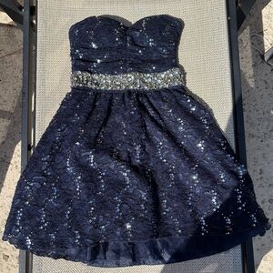 My Michelle Navy Blue Strapless Sequin Lace Dress with Jeweled Waist